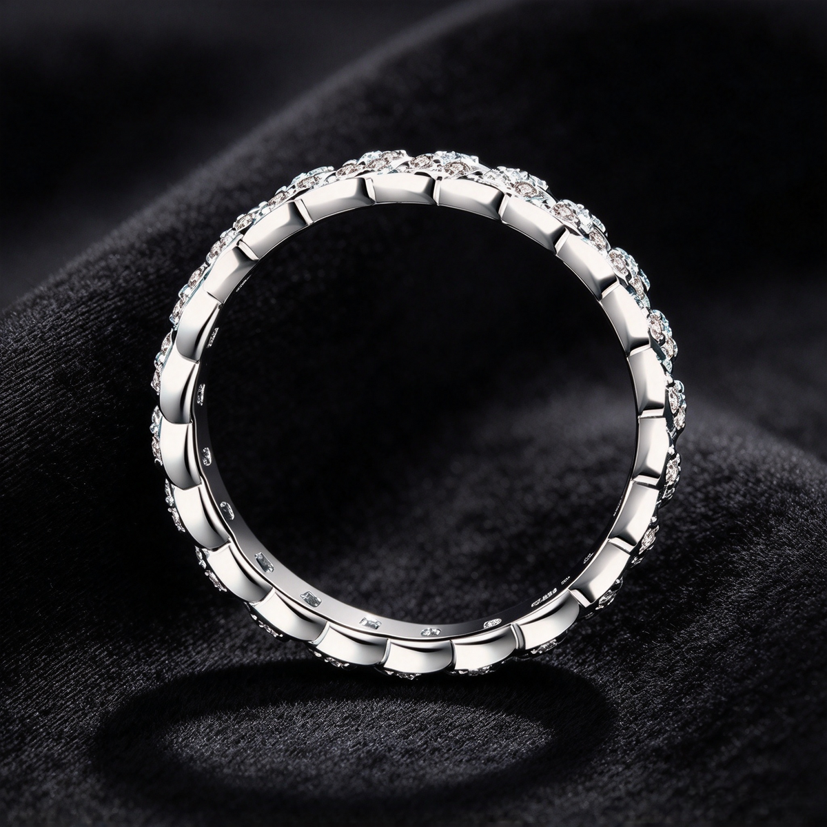 44 Points Moissanite Cuban Link Ring, 925 Sterling Silver White Gold Plated Full Eternity Band, Women’s Diamond-like Stackable Ring
