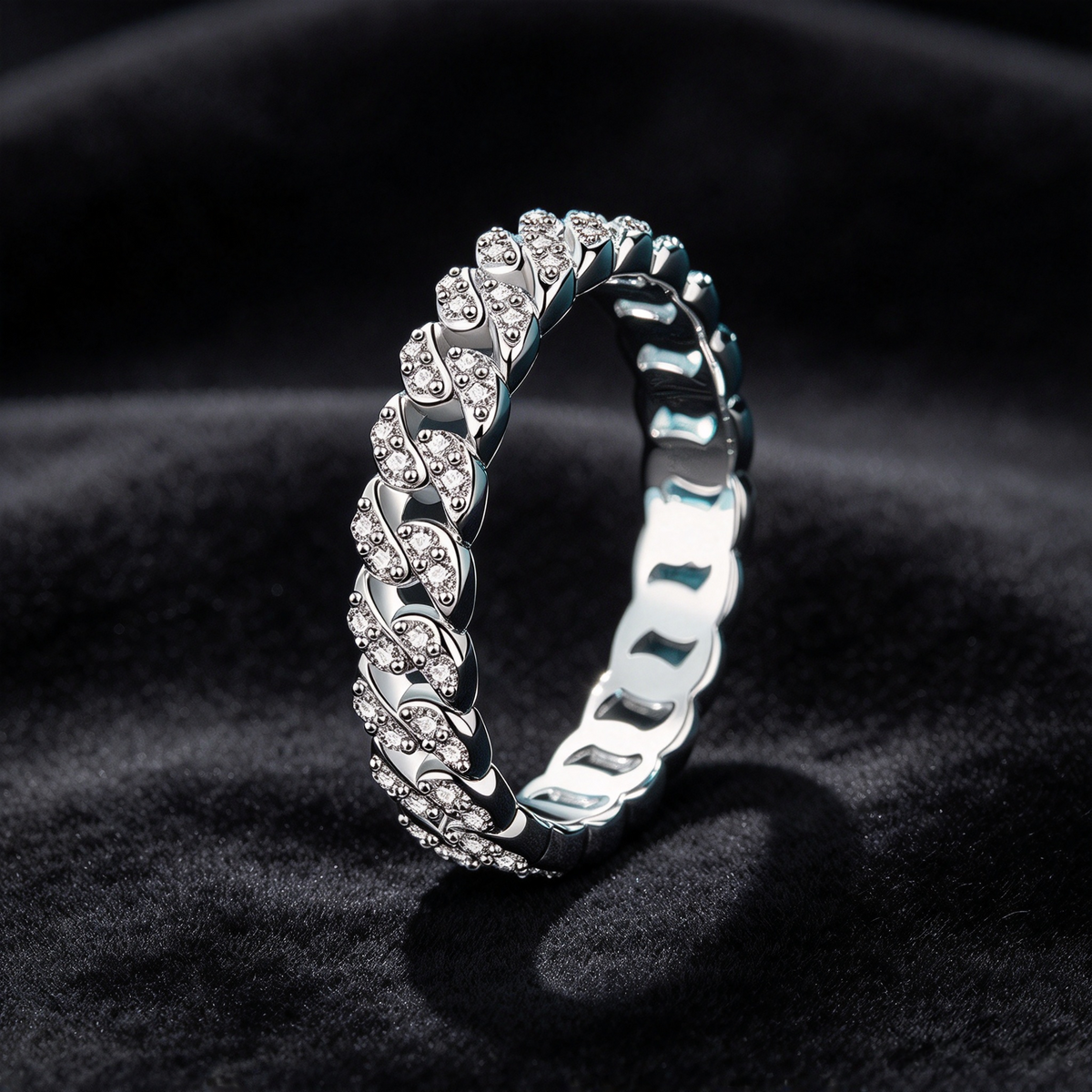 44 Points Moissanite Cuban Link Ring, 925 Sterling Silver White Gold Plated Full Eternity Band, Women’s Diamond-like Stackable Ring