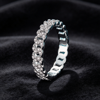 44 Points Moissanite Cuban Link Ring, 925 Sterling Silver White Gold Plated Full Eternity Band, Women’s Diamond-like Stackable Ring