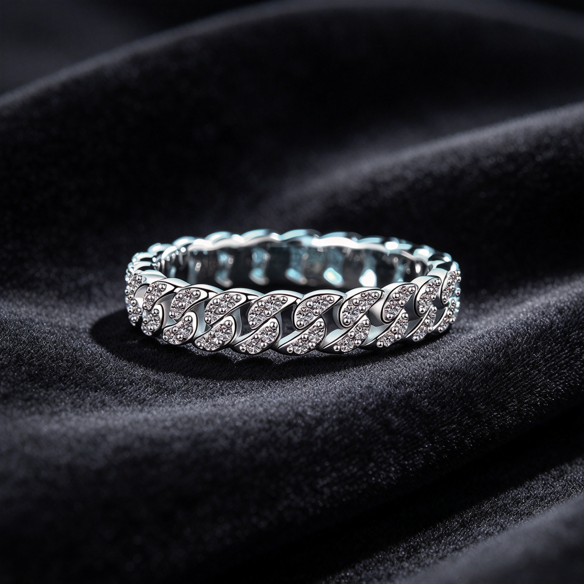 44 Points Moissanite Cuban Link Ring, 925 Sterling Silver White Gold Plated Full Eternity Band, Women’s Diamond-like Stackable Ring