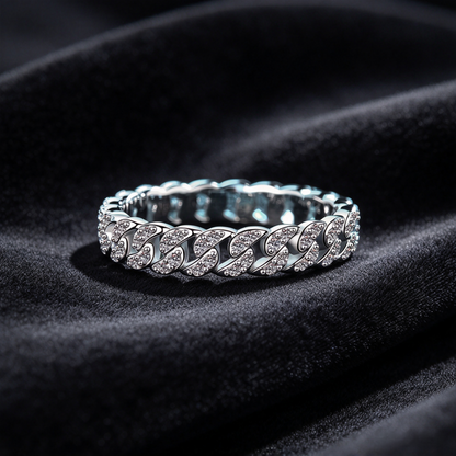 44 Points Moissanite Cuban Link Ring, 925 Sterling Silver White Gold Plated Full Eternity Band, Women’s Diamond-like Stackable Ring