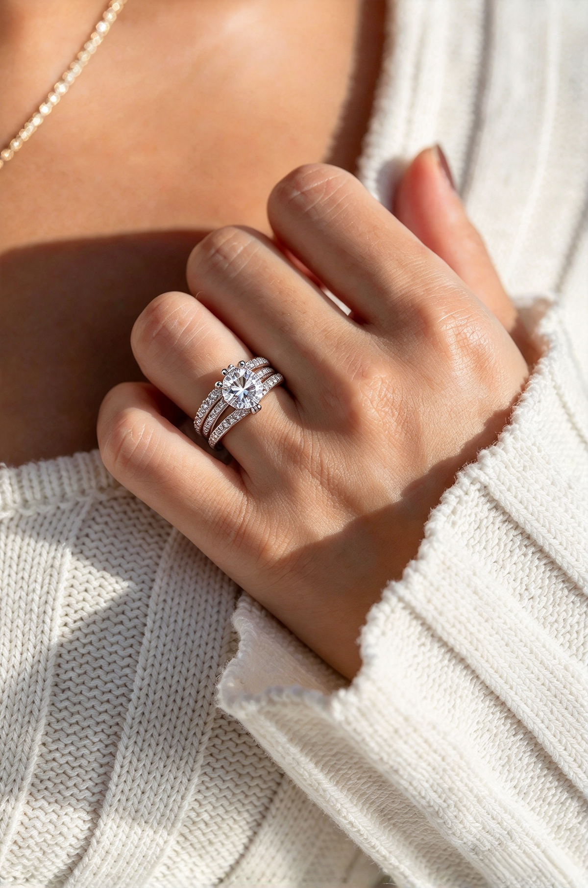 Moissanite Ring Set, 3-in-1 Interchangeable Stackable Ring, 925 Sterling Silver White Gold Plated Engagement Band Set, Women’s Multi-Wear Wedding Ring Set