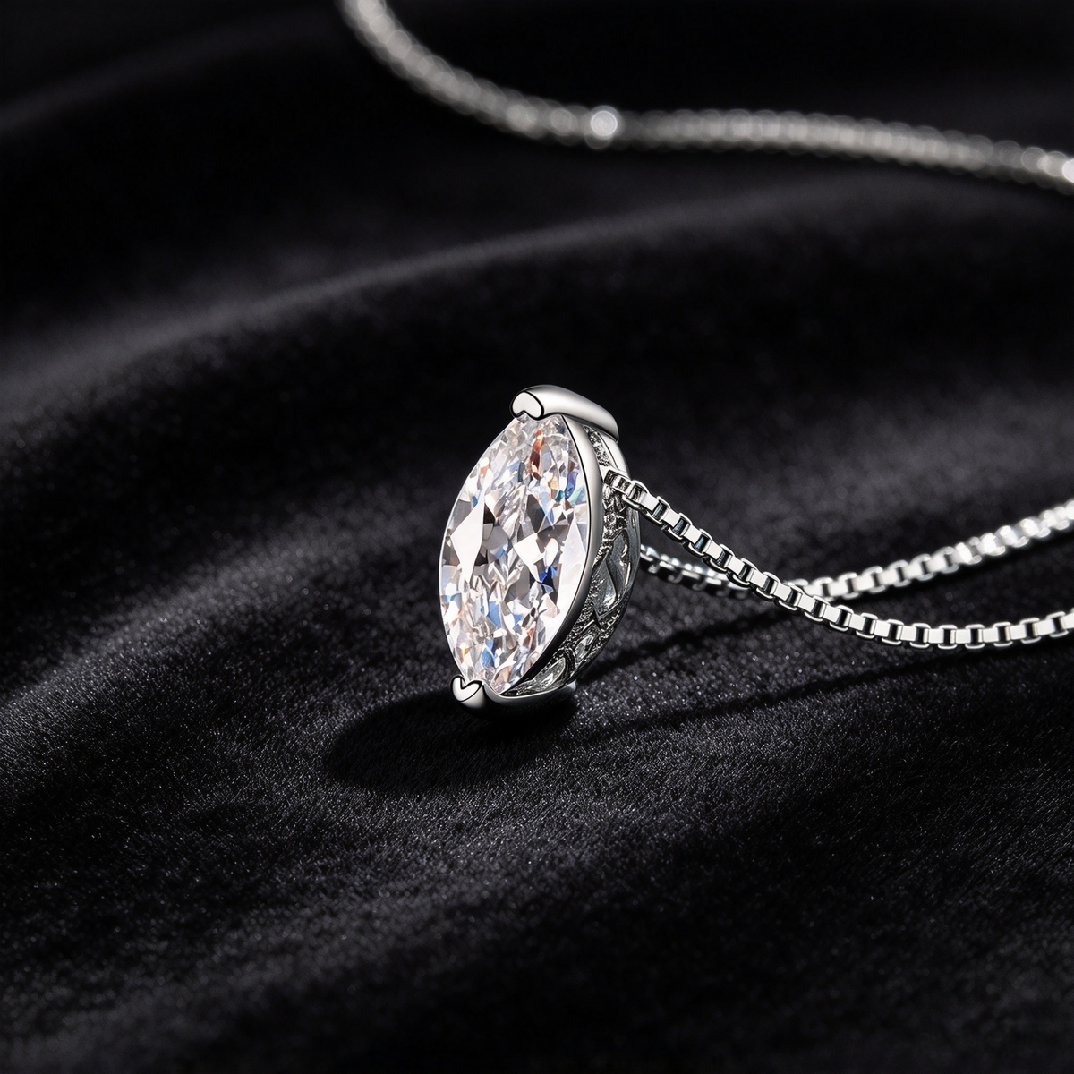1 Carat Marquise Cut Moissanite Pendant Necklace, 925 Sterling Silver Box Chain Necklace for Women