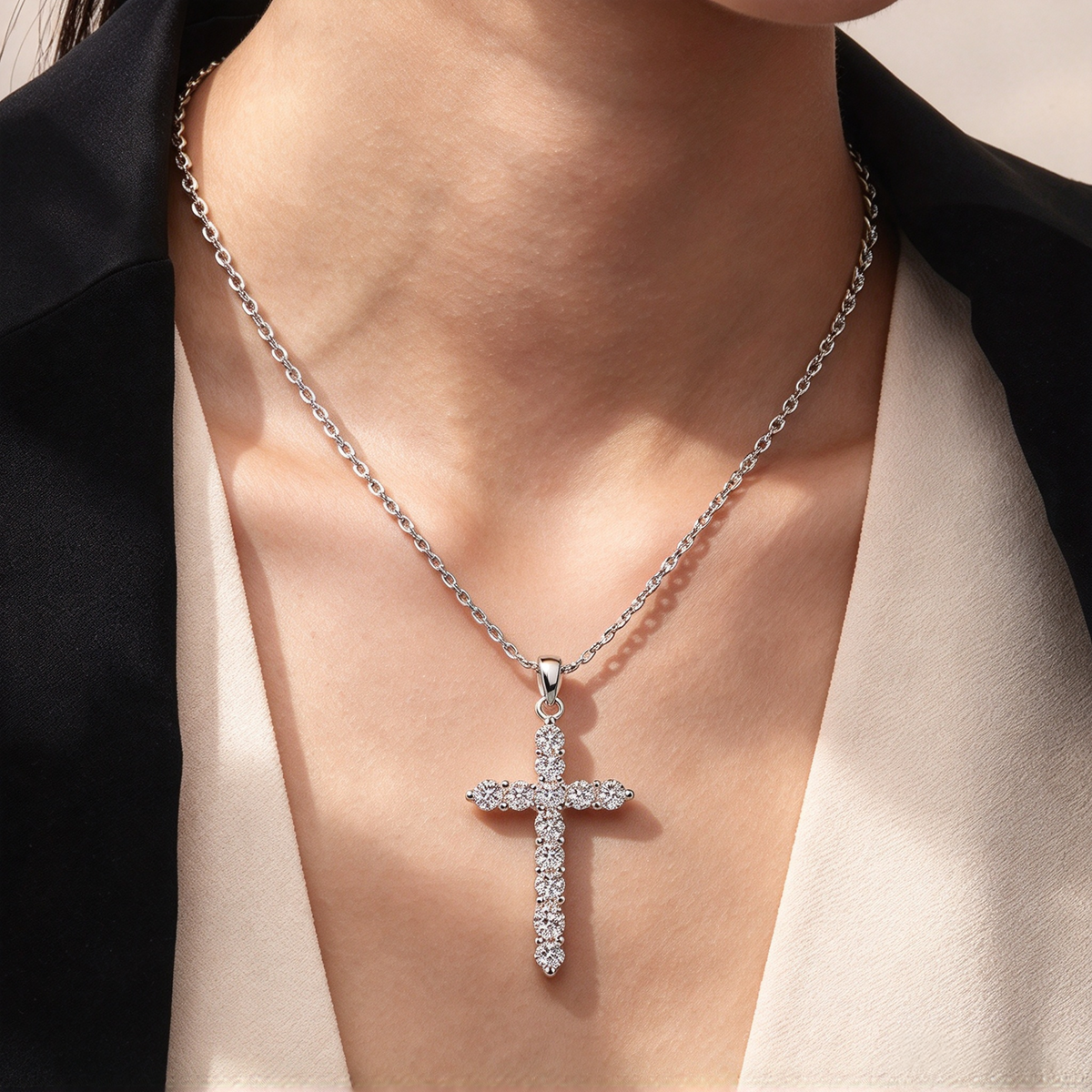 0.36ct Cross Moissanite Pendant Necklace, 925 Sterling Silver Religious Faith Necklace for Women