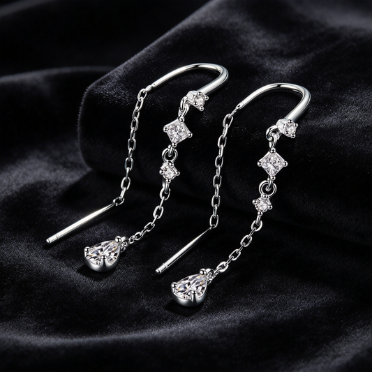 0.82ct Teardrop Moissanite Threader Earrings, S925 Sterling Silver Long Tassel Drop Earrings for Women
