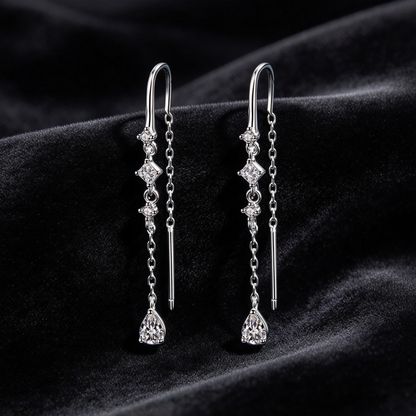 0.82ct Teardrop Moissanite Threader Earrings, S925 Sterling Silver Long Tassel Drop Earrings for Women