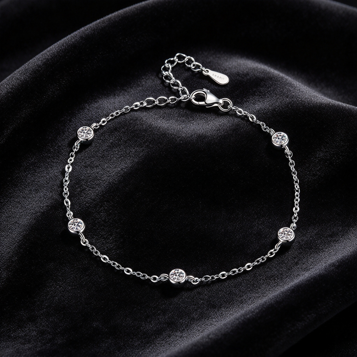 0.5ct Round Moissanite Bezel Set Bracelet, S925 Sterling Silver Dainty Station Chain Bracelet for Women