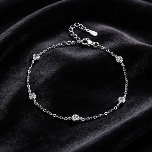 0.5ct Round Moissanite Bezel Set Bracelet, S925 Sterling Silver Dainty Station Chain Bracelet for Women