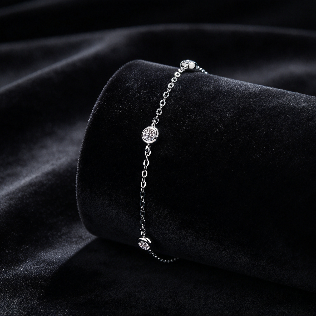 0.5ct Round Moissanite Bezel Set Bracelet, S925 Sterling Silver Dainty Station Chain Bracelet for Women