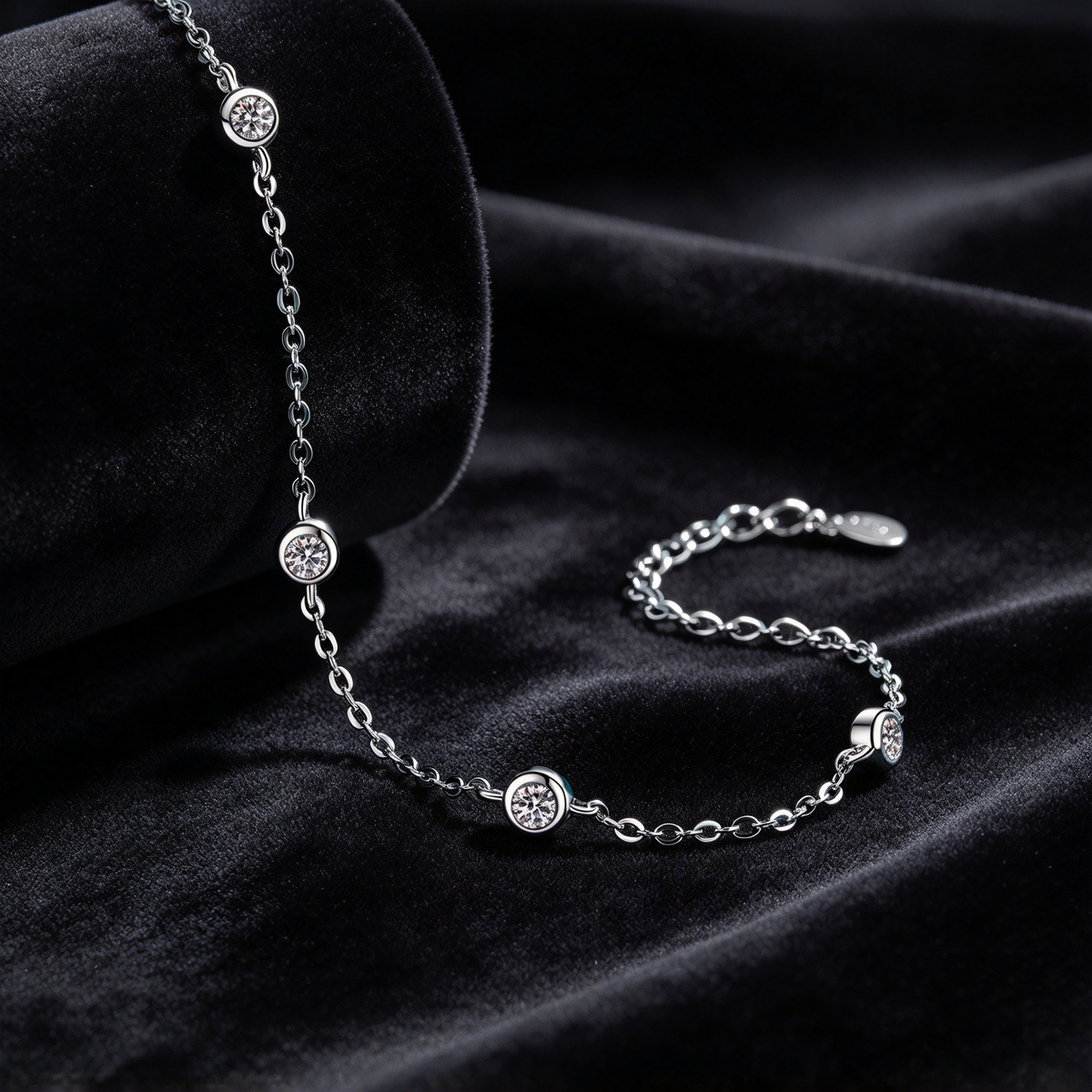 0.5ct Round Moissanite Bezel Set Bracelet, S925 Sterling Silver Dainty Station Chain Bracelet for Women