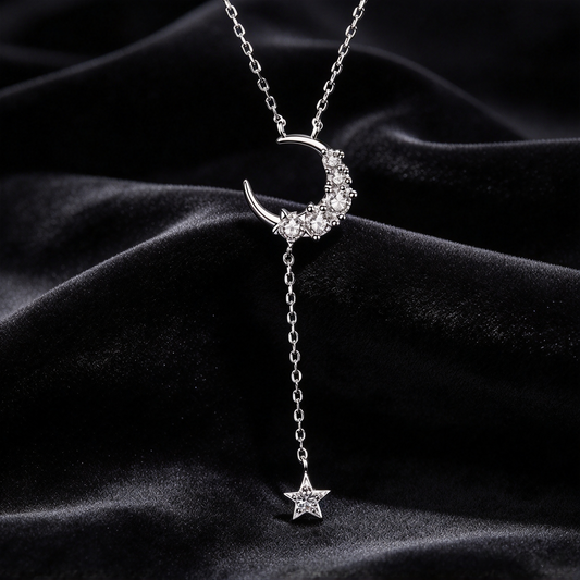 S925 Sterling Silver Moon Star 0.40ct Moissanite Lariat Necklace for Women, Crescent Y Drop Necklace