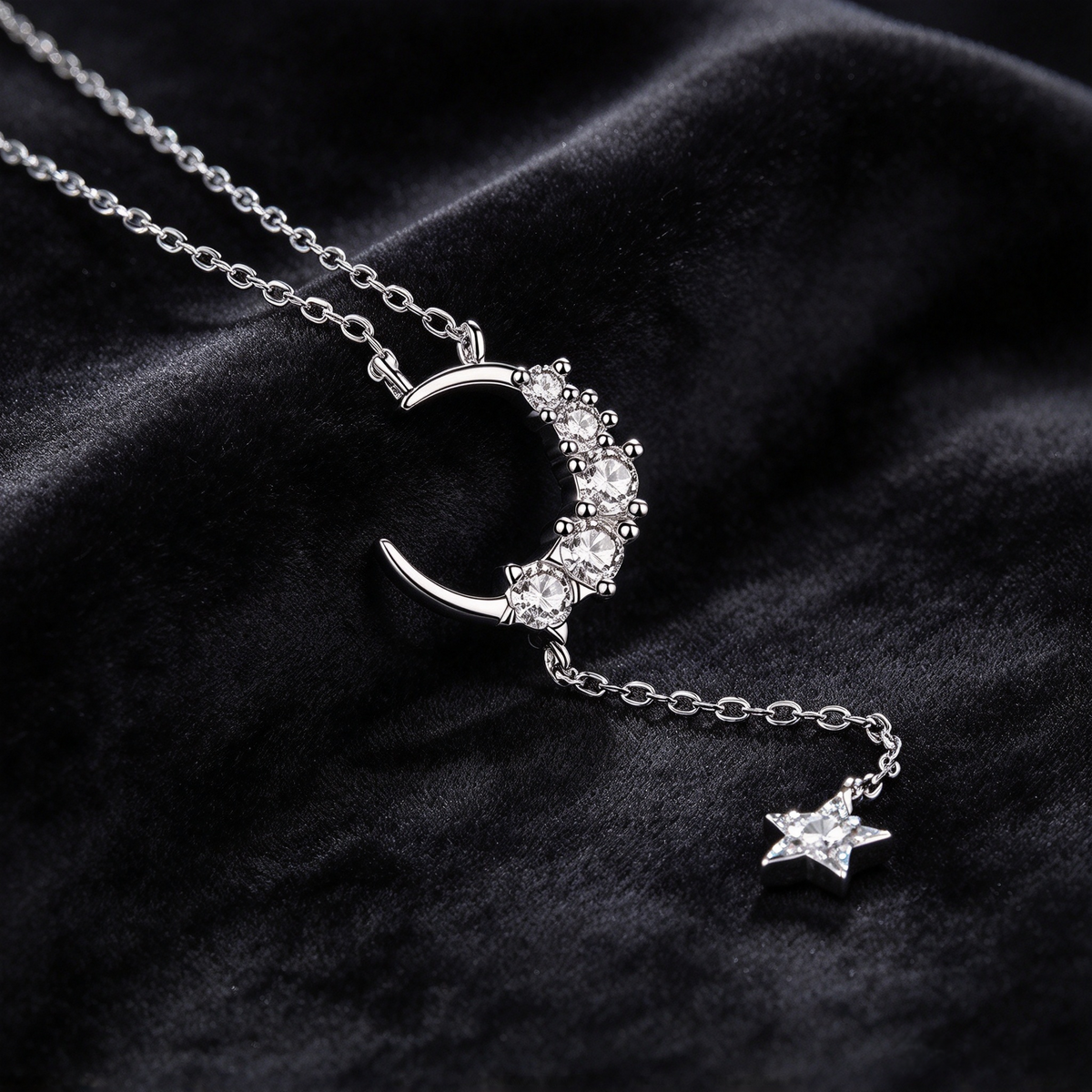 S925 Sterling Silver Moon Star 0.40ct Moissanite Lariat Necklace for Women, Crescent Y Drop Necklace