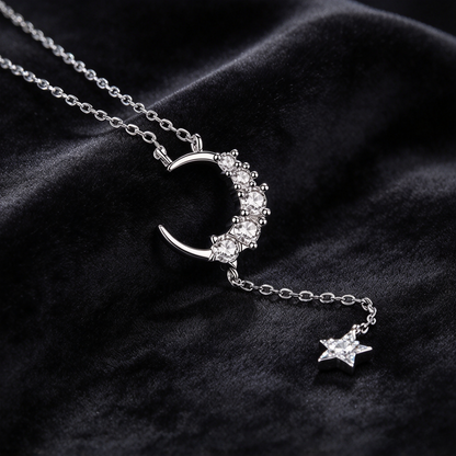 S925 Sterling Silver Moon Star 0.40ct Moissanite Lariat Necklace for Women, Crescent Y Drop Necklace