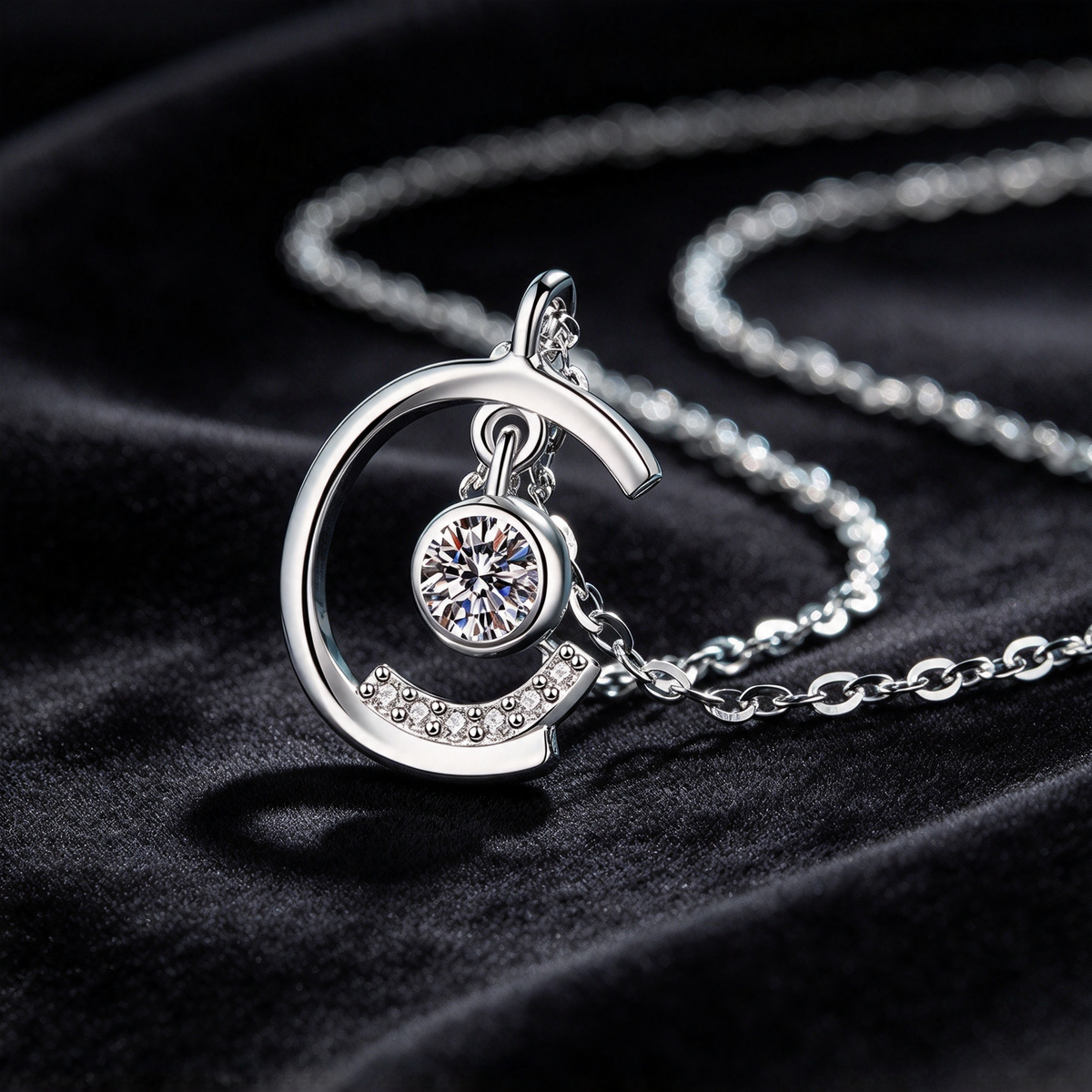 23 Points Moissanite C Pendant Necklace, S925 Sterling Silver Dainty Women Necklace