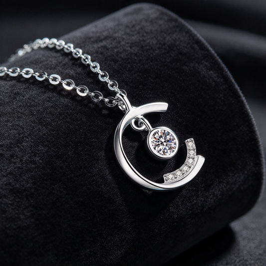 23 Points Moissanite C Pendant Necklace, S925 Sterling Silver Dainty Women Necklace