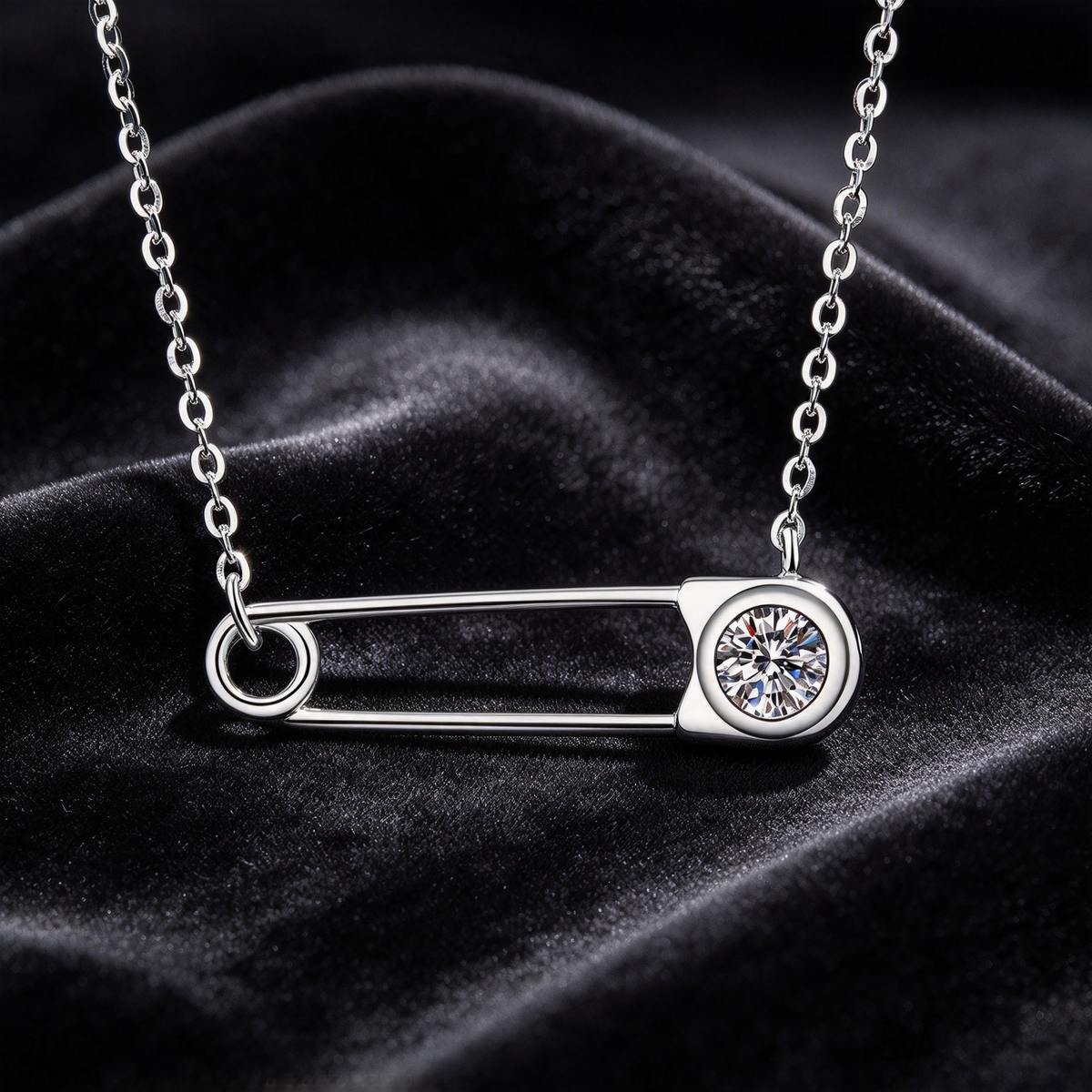 Safety Pin 50 Points Moissanite Necklace, S925 Sterling Silver Minimalist Paperclip Pendant