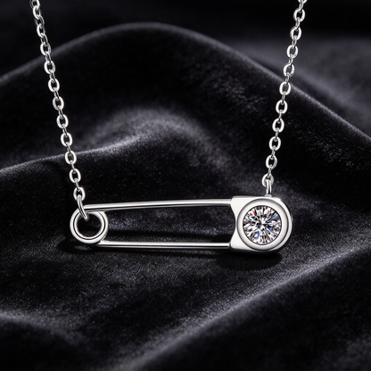 Safety Pin 50 Points Moissanite Necklace, S925 Sterling Silver Minimalist Paperclip Pendant