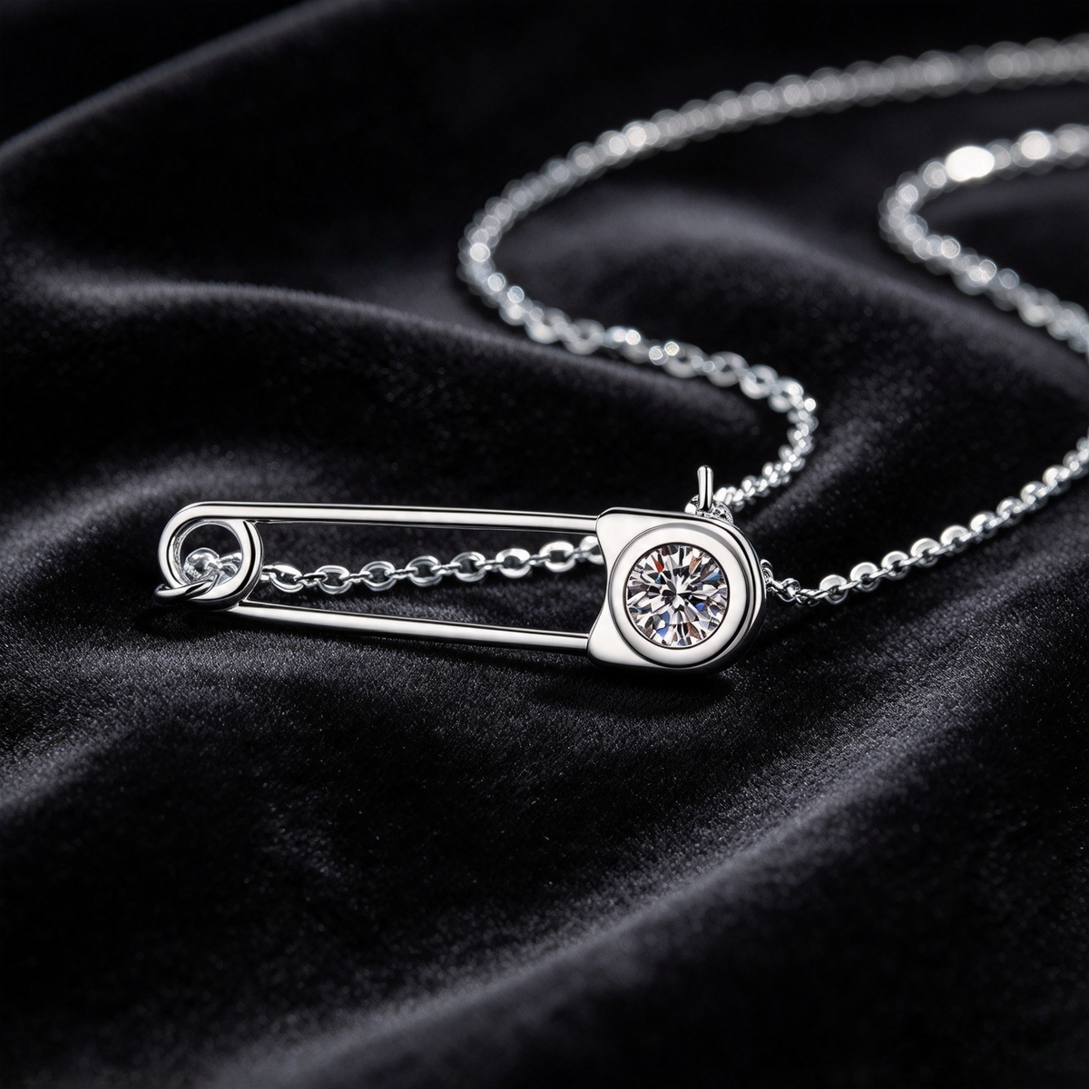 Safety Pin 50 Points Moissanite Necklace, S925 Sterling Silver Minimalist Paperclip Pendant