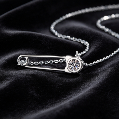 Safety Pin 50 Points Moissanite Necklace, S925 Sterling Silver Minimalist Paperclip Pendant