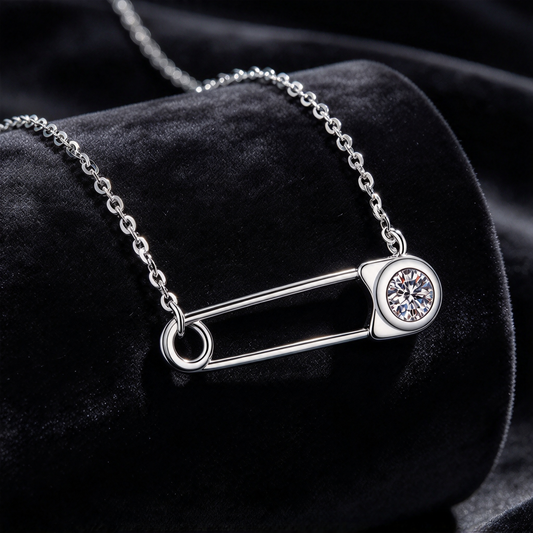 Safety Pin 50 Points Moissanite Necklace, S925 Sterling Silver Minimalist Paperclip Pendant