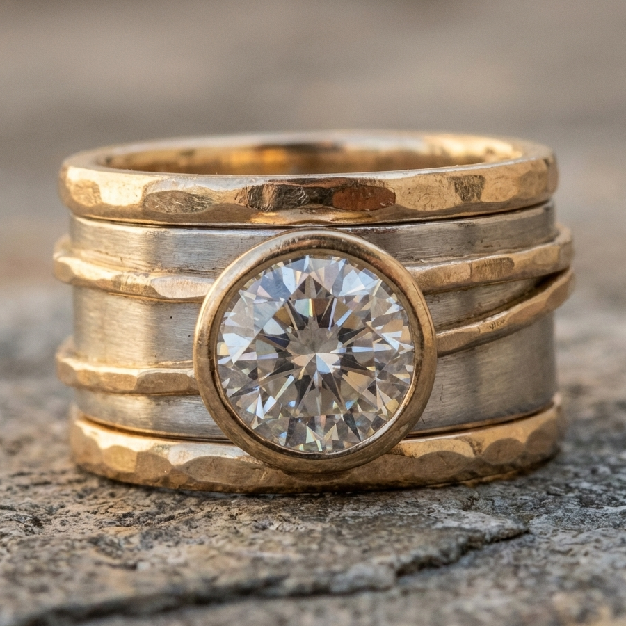 Vintage Inlaid Glass Golden & Silver Ring