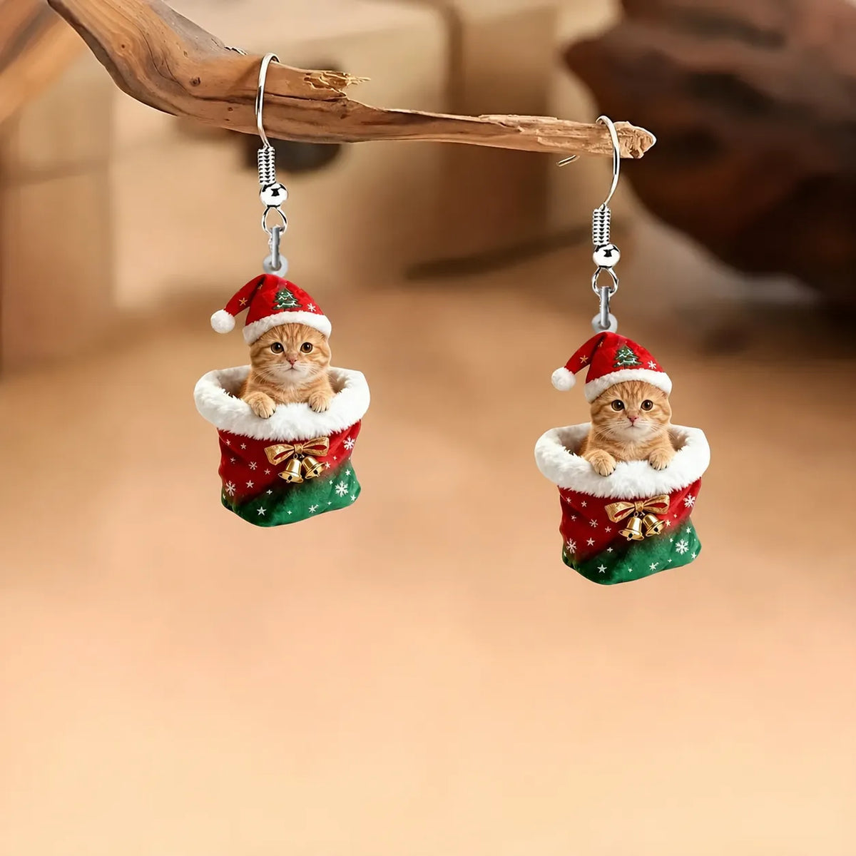 Christmas Stocking Cat Dangle Earrings