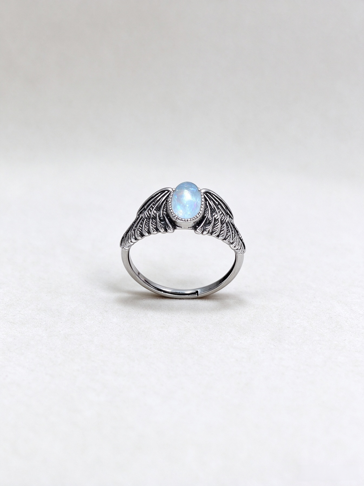 Natural Aquamarine Angel Wing Ring, Vintage S925 Unisex Adjustable Aquamarine Ring