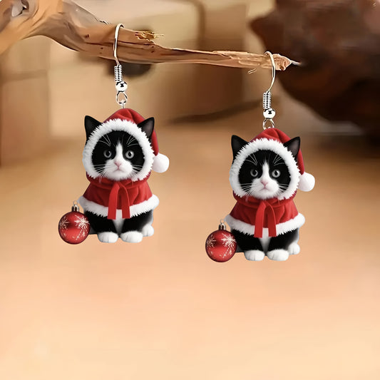 Christmas Cat Wearing Christmas-themed Earrings