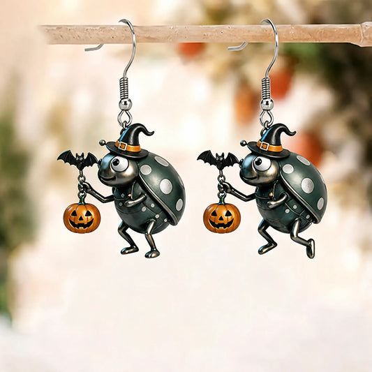 Cartoon Ladybug Witch Hat Carrying Bat Halloween Earrings