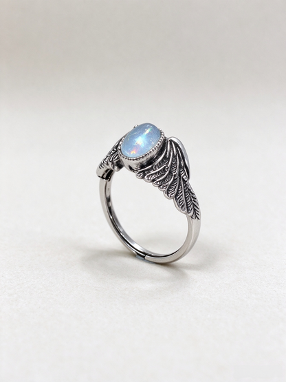 Natural Aquamarine Angel Wing Ring, Vintage S925 Unisex Adjustable Aquamarine Ring