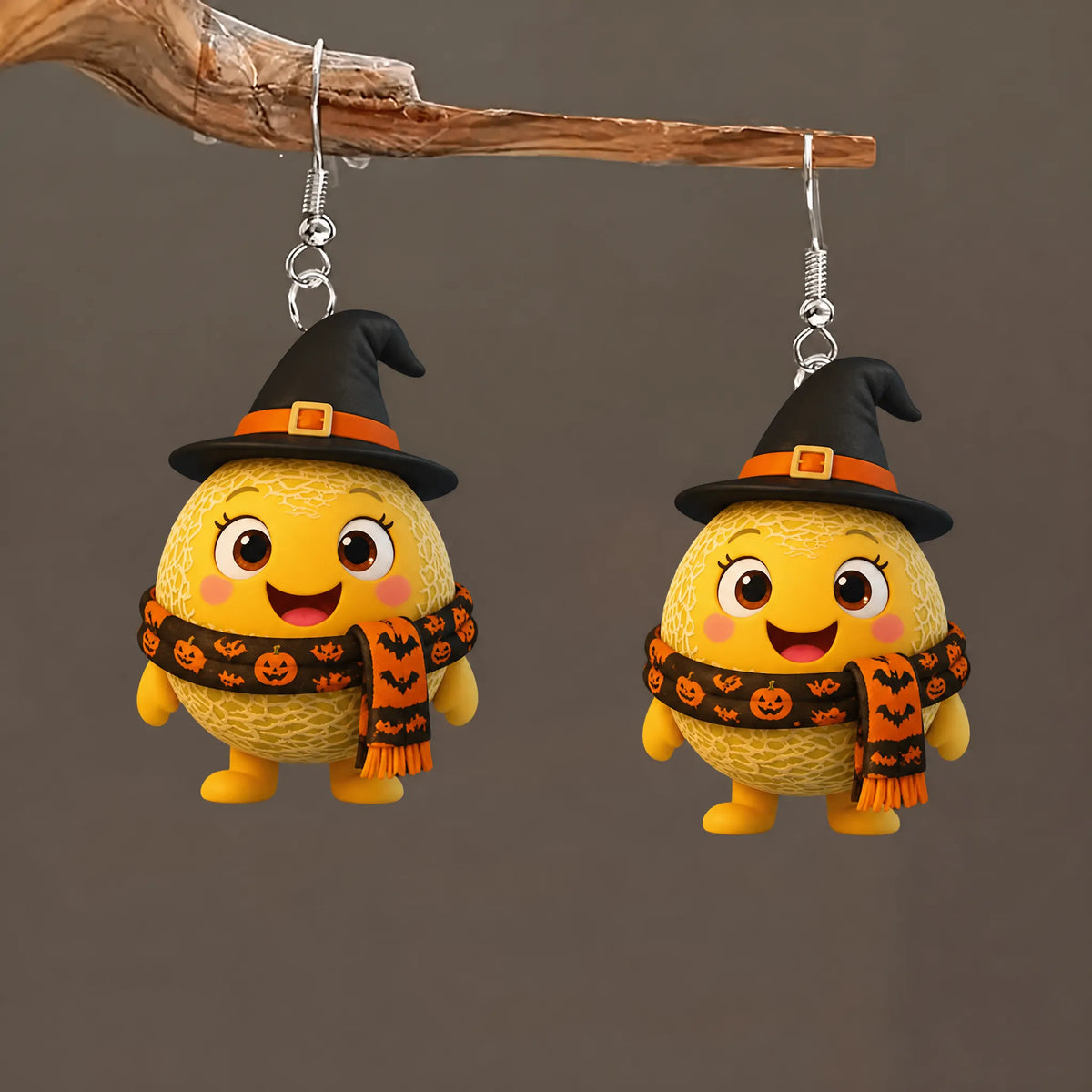 Cute Melon Character Witch Hat Bat Pumpkin Scarf Halloween Earrings
