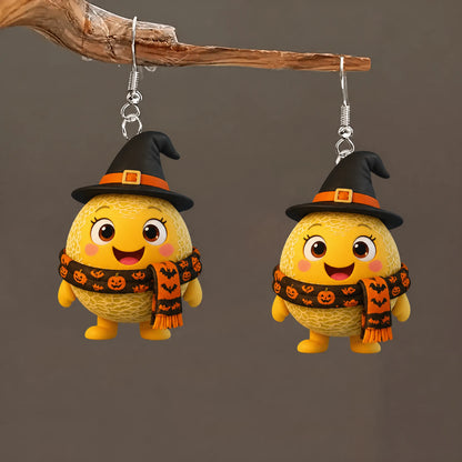 Cute Melon Character Witch Hat Bat Pumpkin Scarf Halloween Earrings