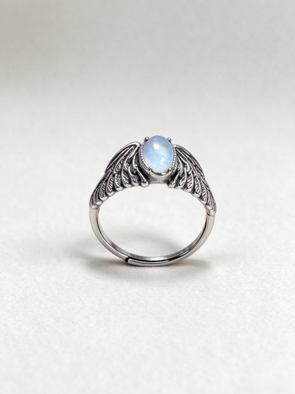 Natural Aquamarine Angel Wing Ring, Vintage S925 Unisex Adjustable Aquamarine Ring