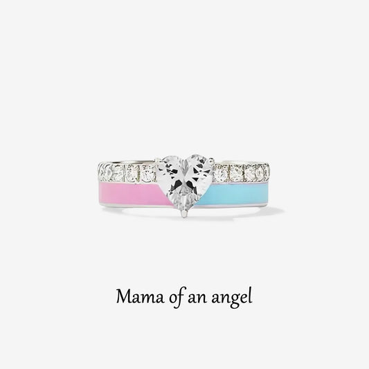 S925 Mama of an Angel Pink & Blue Enamel Heart Ring