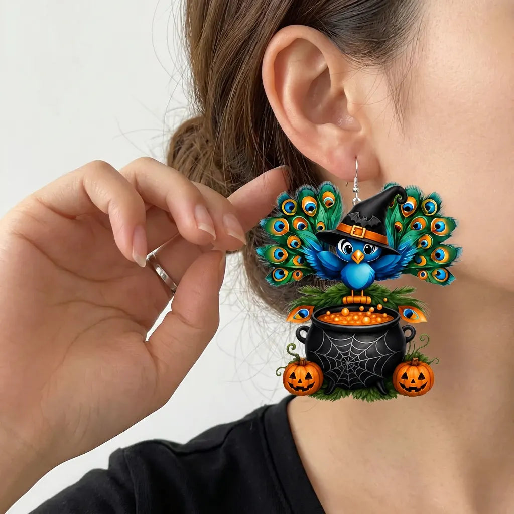 Witch Peacock Cauldron Pumpkin Spider Web Halloween Earrings