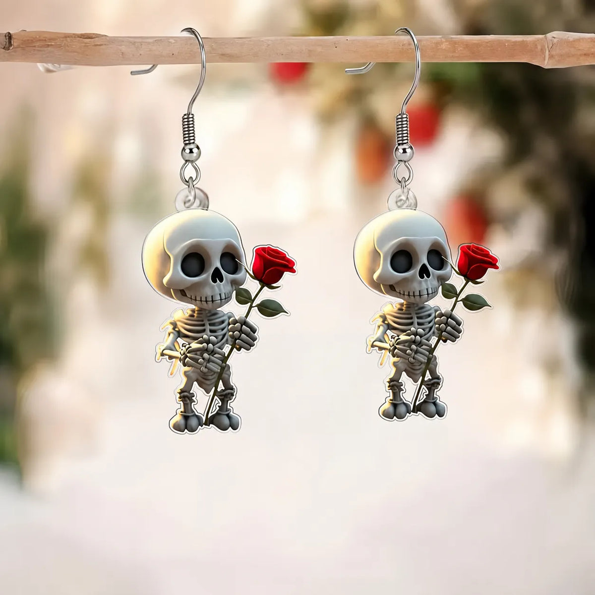 Skeleton With Red Rose Dangle Earrings