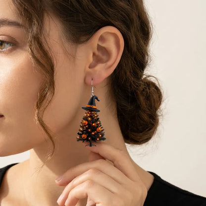 Witch Hat Black Halloween Tree Dangle Earrings