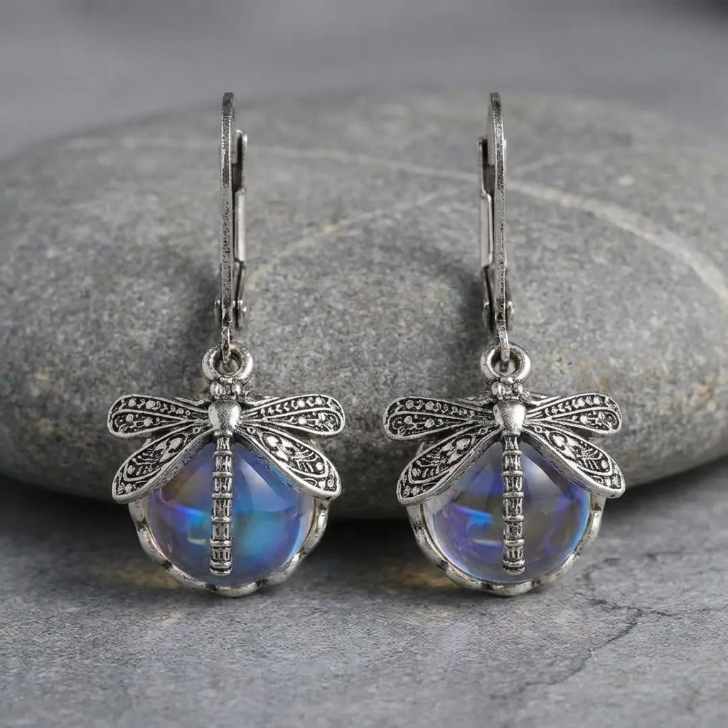 Spherical Dragonfly Earrings in Antique Silver