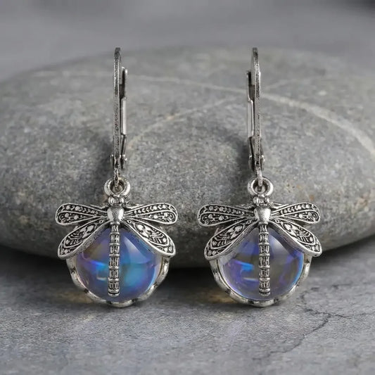 Spherical Dragonfly Earrings in Antique Silver