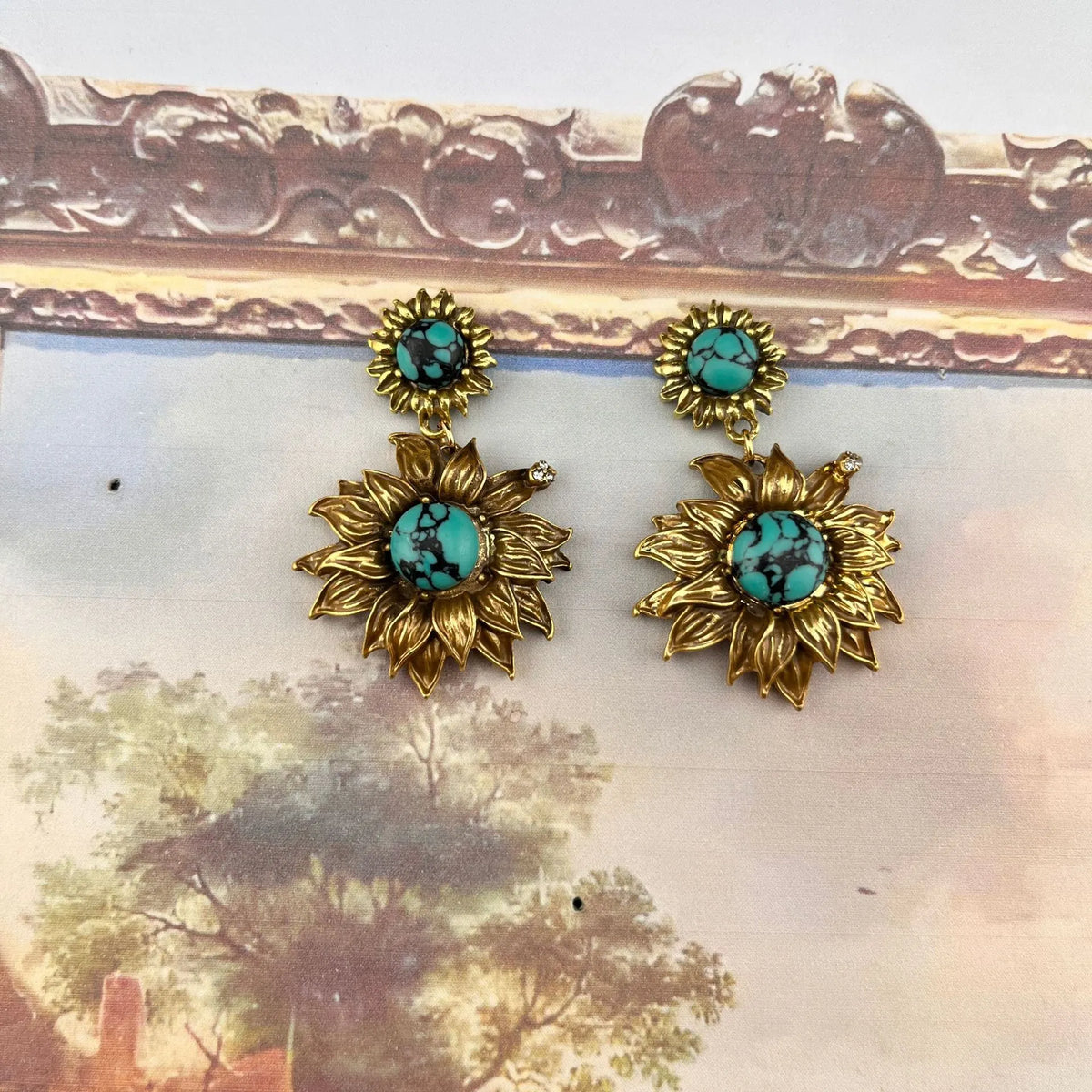 Vintage Sunflower Turquoise Earrings