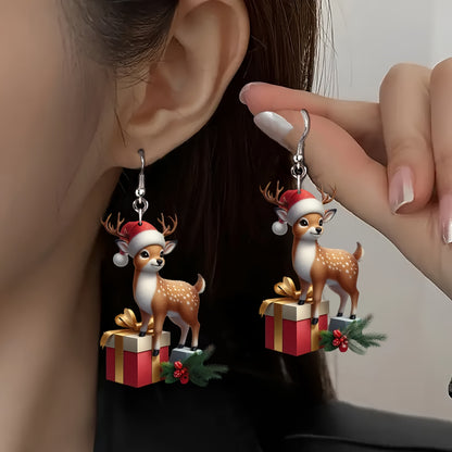 Christmas Elegant Santa Hat & Gift Box Design with Deer Earrings