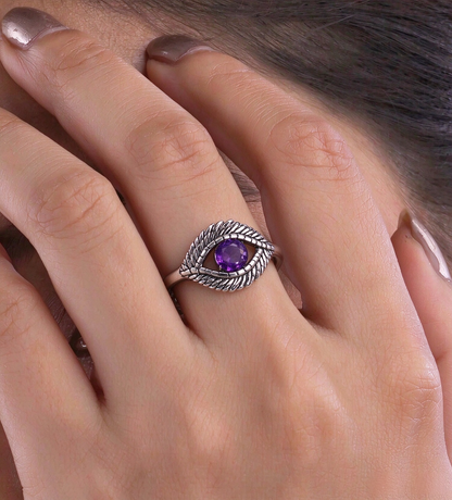 S925 Evil Eye Ring, Purple Crystal Vintage Talisman Ring