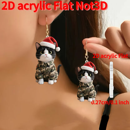Christmas Wearing Camouflage Clothing Cat with Santa Hats Earrings