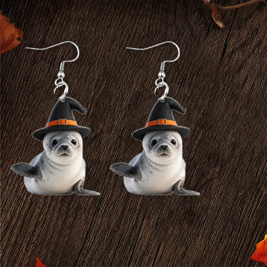 Cute Seal Pup Witch Hat Halloween Acrylic Earrings