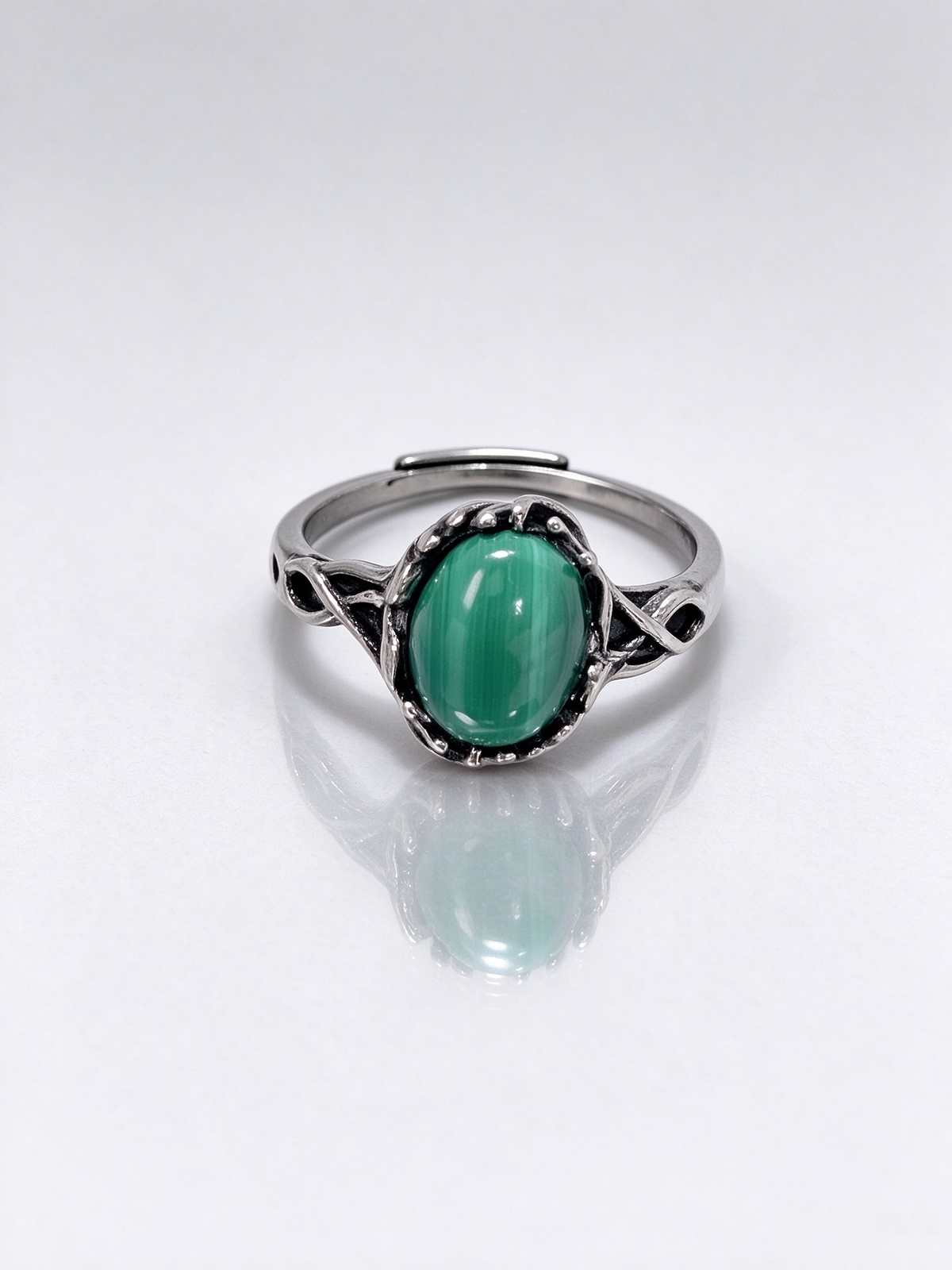 Vintage Twisted Band Malachite Healing Ring, S925 Adjustable Open Ring