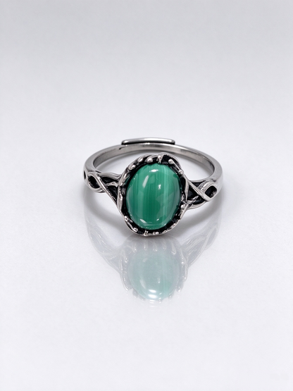 Vintage Twisted Band Malachite Healing Ring, S925 Adjustable Open Ring