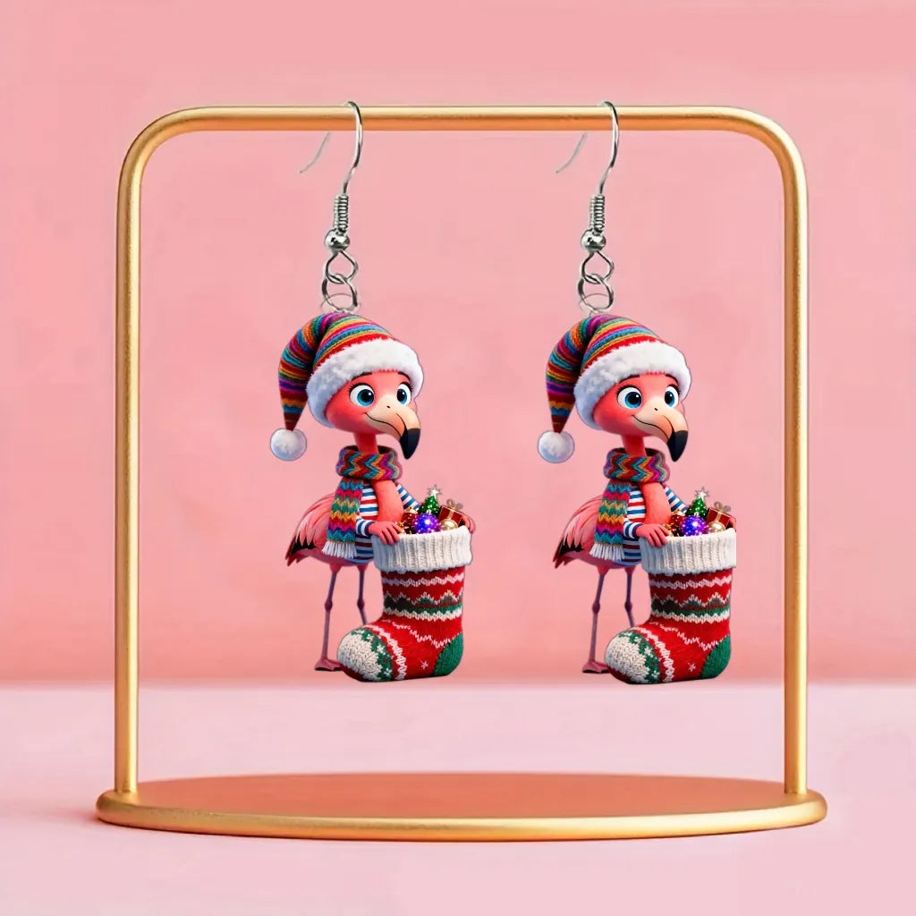 Christmas Flamingo With Sock & Candies Earrings
