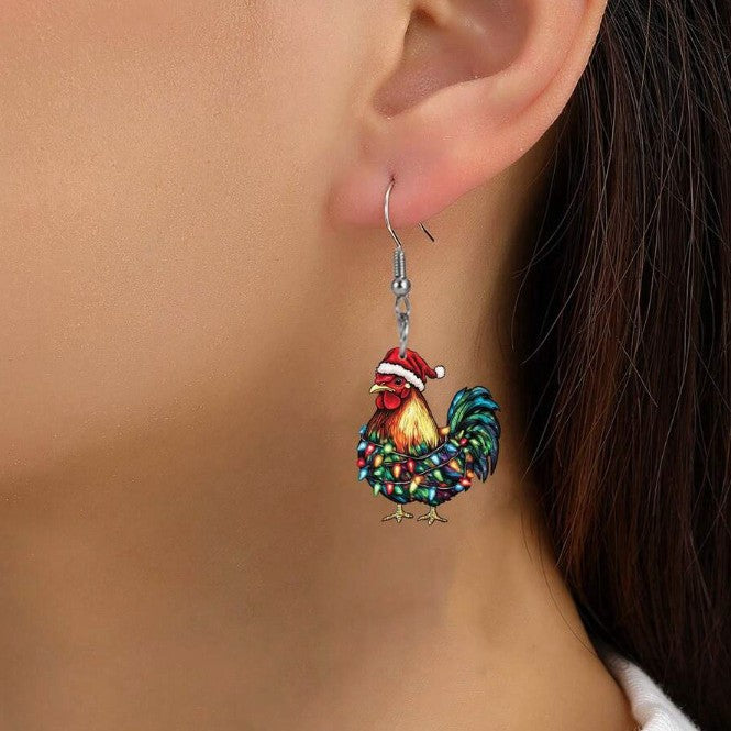 Christmas Colorful Light String Rooster Earrings