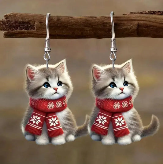 Red Scarf Cat Earrings