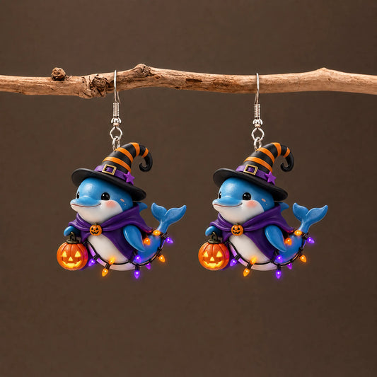 Witch Dolphin Halloween Pumpkin Dangle Earrings